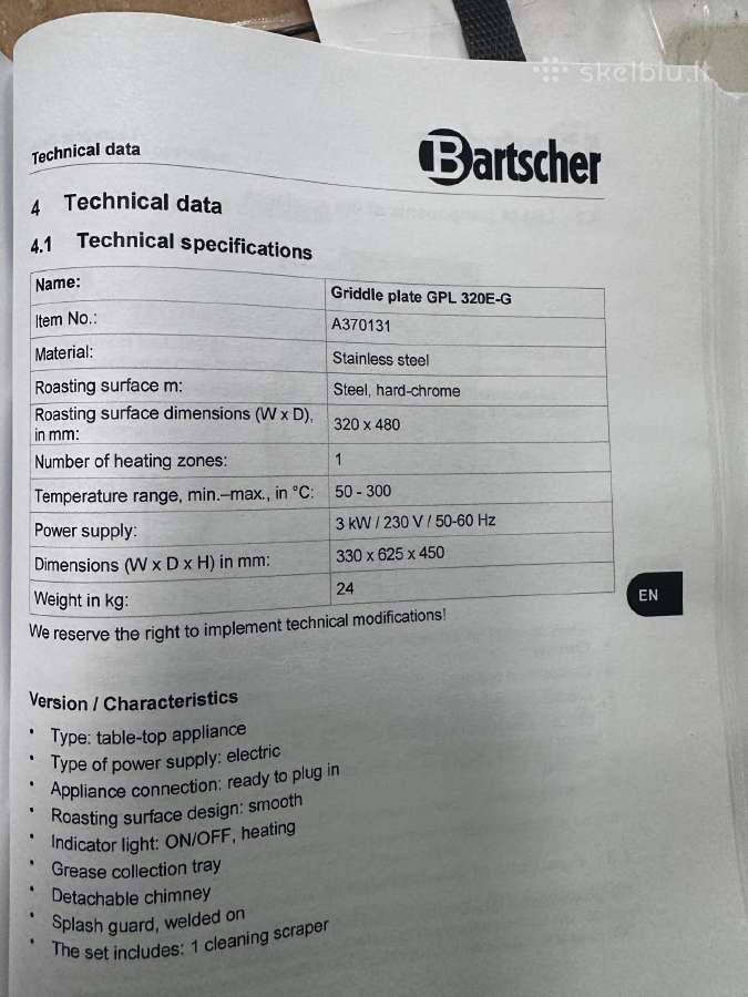 Kepimo plokštuma Bartscher Gpl 320e-g - nuotraukos Nr. 4