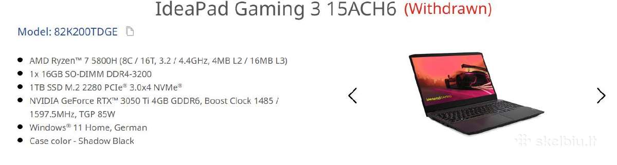 Ideapad Gaming 3 R7 5800h 3050 Ti 16 GB - nuotraukos Nr. 2