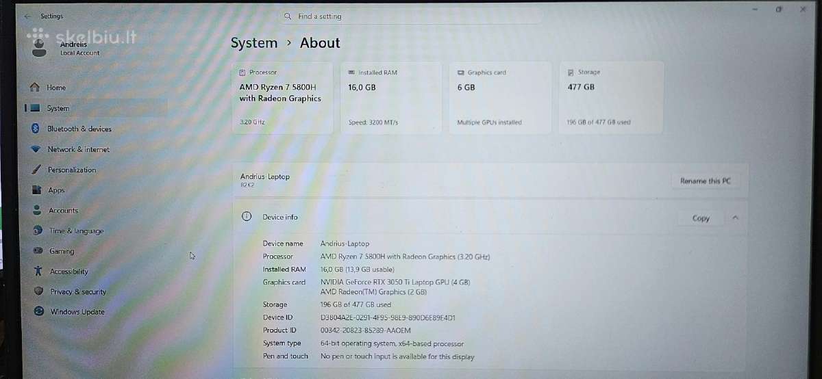 Ideapad Gaming 3 R7 5800h 3050 Ti 16 GB - nuotraukos Nr. 5
