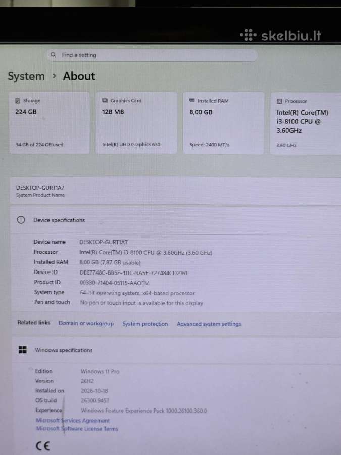Pc i3-8100 3.6 GHz / 8gb / 256gb - nuotraukos Nr. 6