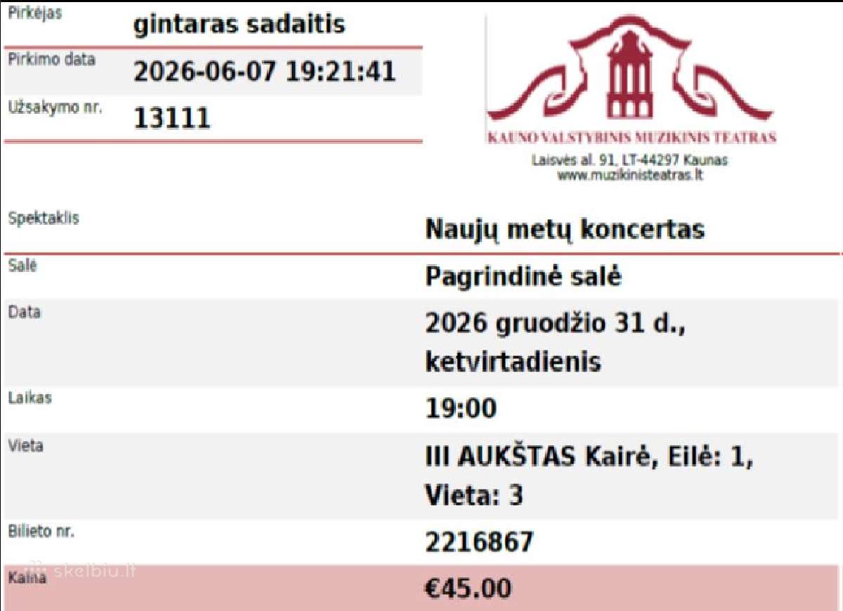 Bilietai _Figaro vedybos, Aida, Naujų Metų Kncert. - nuotraukos Nr. 3