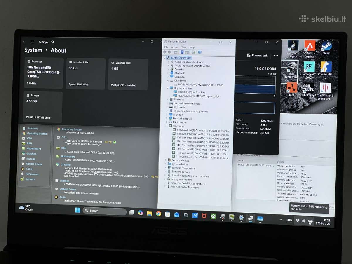 Parduodamas Asus Tuf su Rtx 3050, I5-11k, 144hz. - nuotraukos Nr. 8