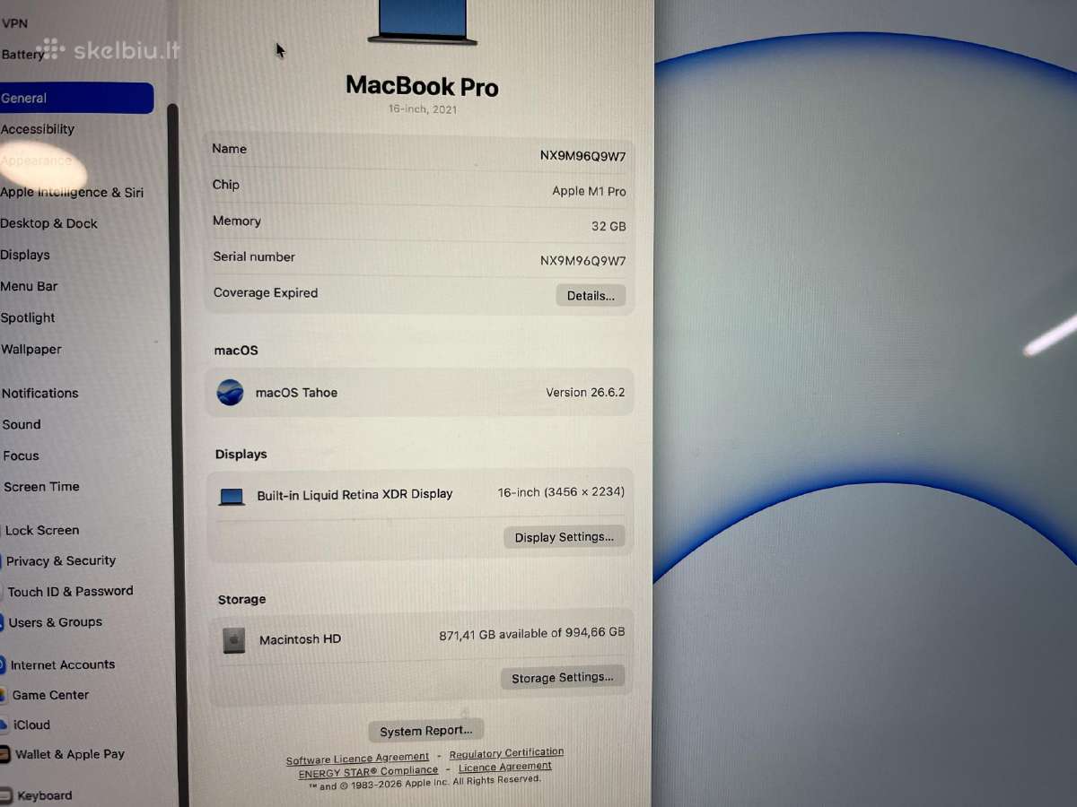 MacBook Pro 16" M1 Pro 32 GB RAM 1 TB SSD - nuotraukos Nr. 8