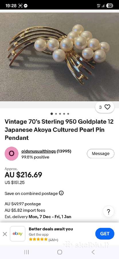 Vintage sidabro sagė,18k paauksavimu ir perlais - nuotraukos Nr. 13