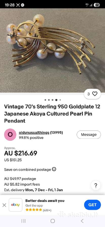 Vintage sidabro sagė,18k paauksavimu ir perlais - nuotraukos Nr. 14