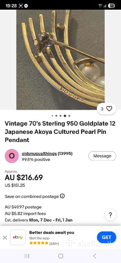 Vintage sidabro sagė,18k paauksavimu ir perlais - nuotraukos Nr. 15