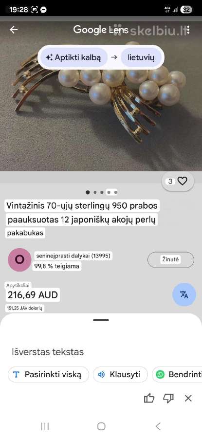 Vintage sidabro sagė,18k paauksavimu ir perlais - nuotraukos Nr. 16