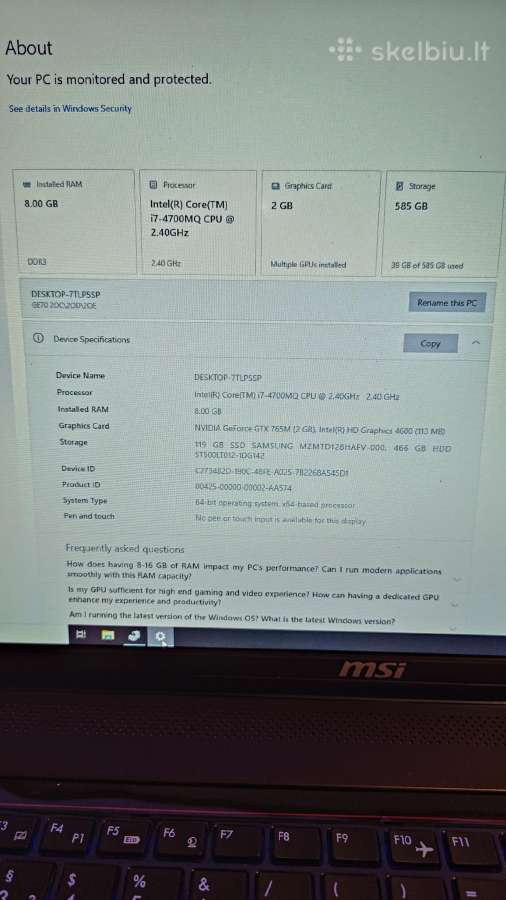 Msi Ge70,i7,gtx765m, 17.3"fhd - nuotraukos Nr. 3