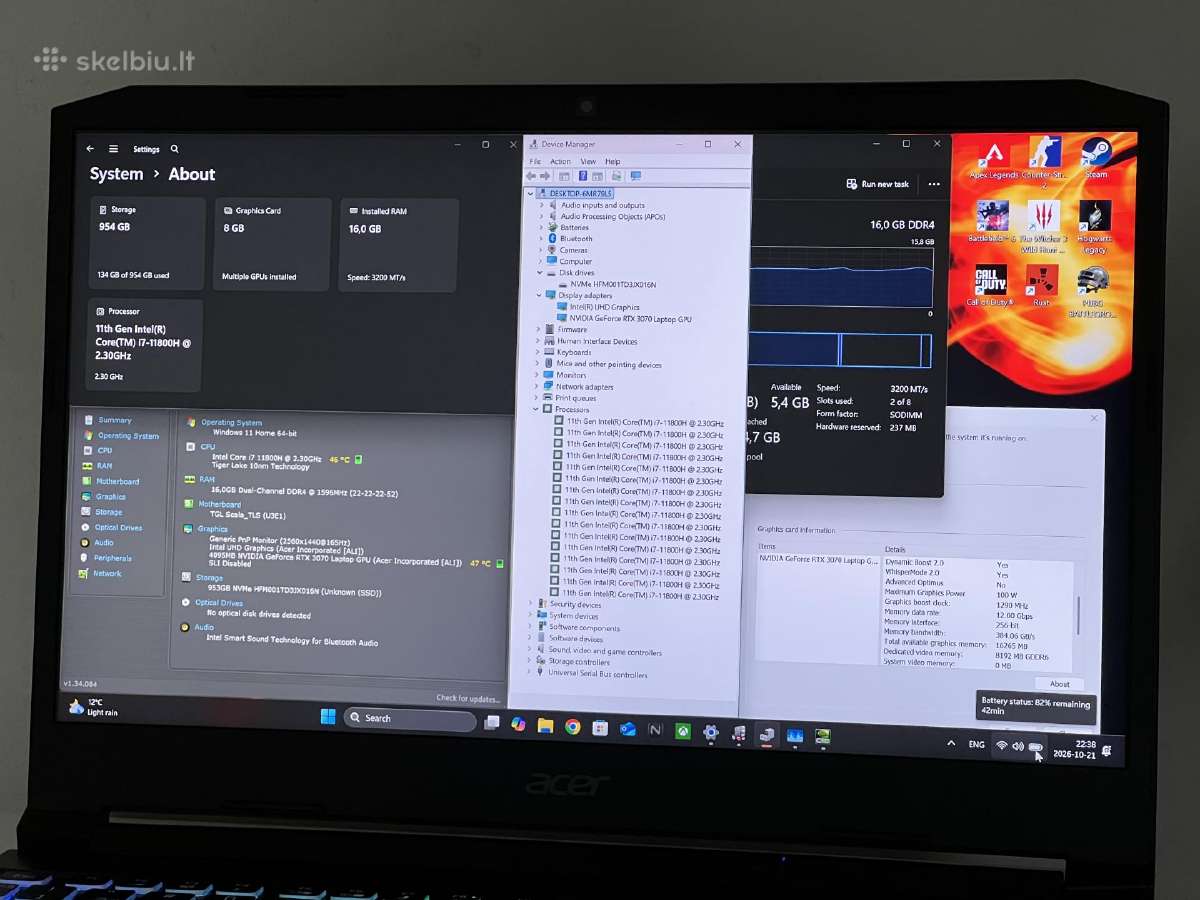 Parduodamas Nitro su Rtx 3070, I7-11k, 2k 165hz. - nuotraukos Nr. 8