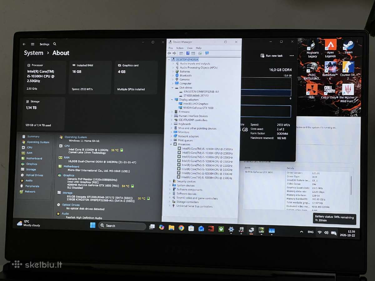Parduodamas Msi Gl65 su Gtx 1650, I5-10k, 1.25tb. - nuotraukos Nr. 8