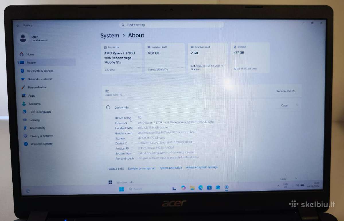 Acer Aspire A315-42 15.6" Ryzen 7 3700u 8gb RAM - nuotraukos Nr. 3