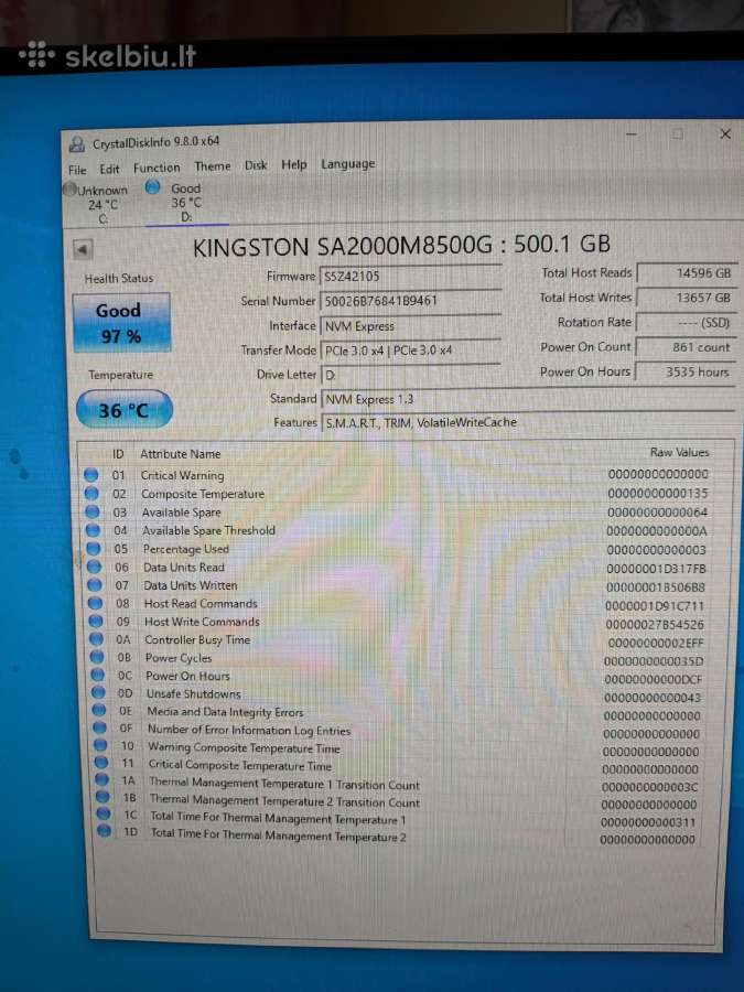 Kingston A2000 Nvme M.2 SSD 500gb Pcie 3.0 - nuotraukos Nr. 2