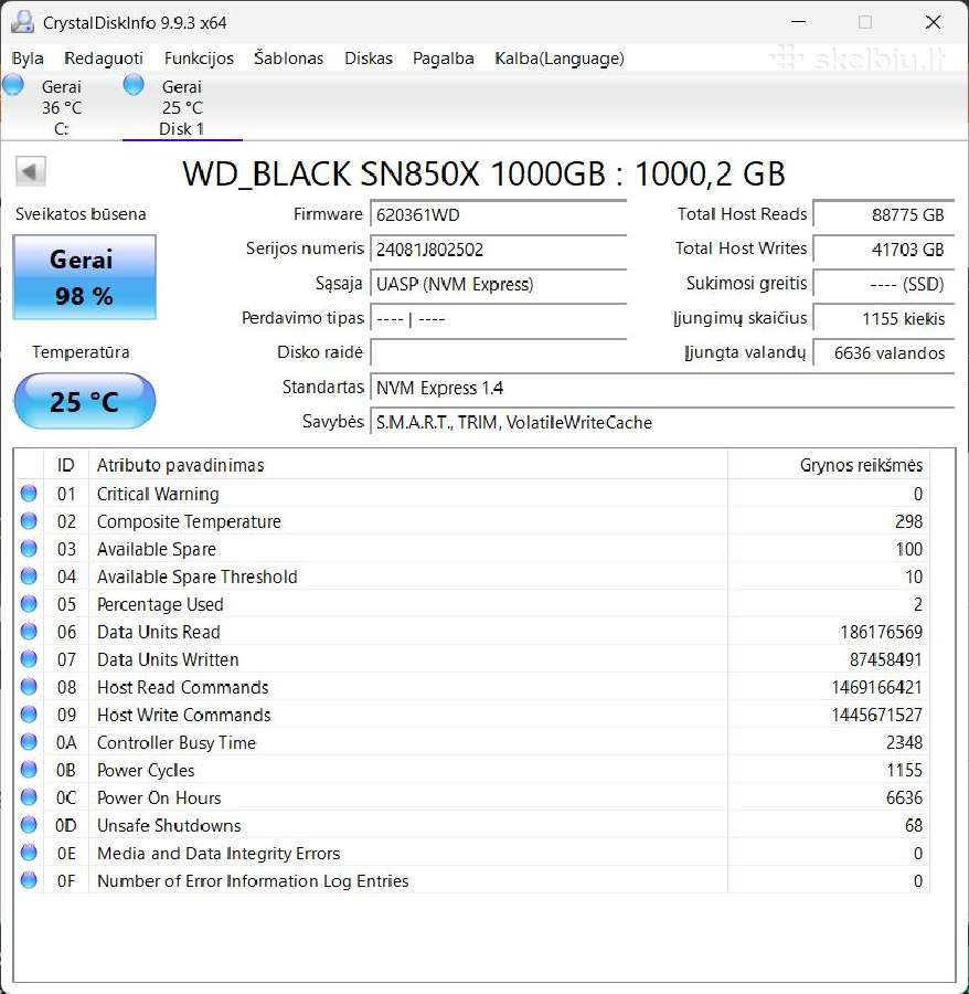 Wd Black Sn850x 1tb Nvme SSD - nuotraukos Nr. 2