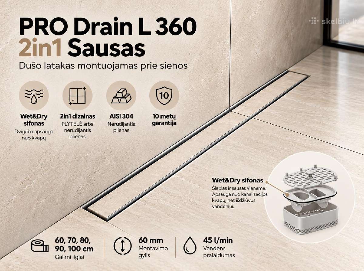 Dušo latakas Pro Drain L 360 2in1 Sausas - nuotraukos Nr. 2