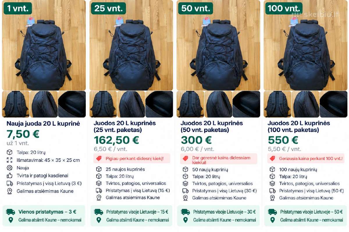 100 naujų juodų 20l kuprinių – didmena - nuotraukos Nr. 4