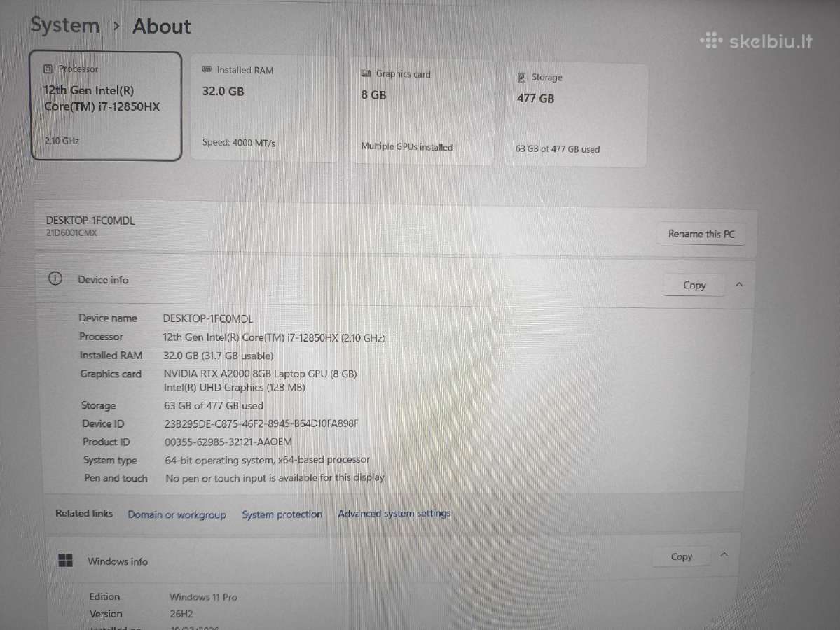 P16 240hz i7-12850hx 32gb 512gb A2000 8gb 7% - nuotraukos Nr. 4