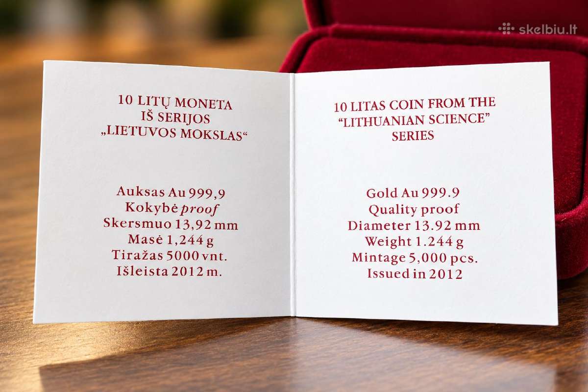 2012 m. 10 litų auksinė moneta „Lietuvos mokslas - nuotraukos Nr. 3