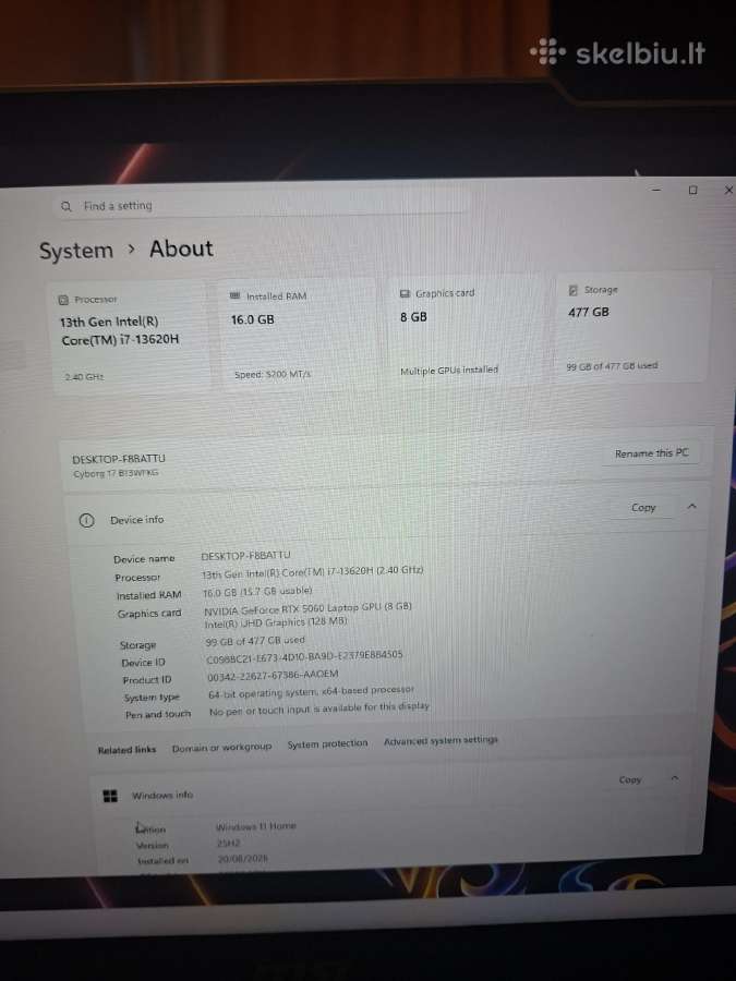 13 gen i7 rtx 5060 8gb SSD 512 RAM ddr5 16 GB - nuotraukos Nr. 3