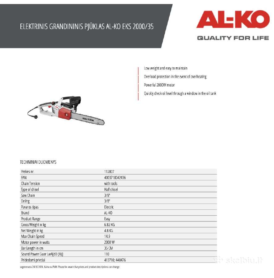 Elektrinis grandininis pjūklas AL-ko Eks 2000/35 - nuotraukos Nr. 4