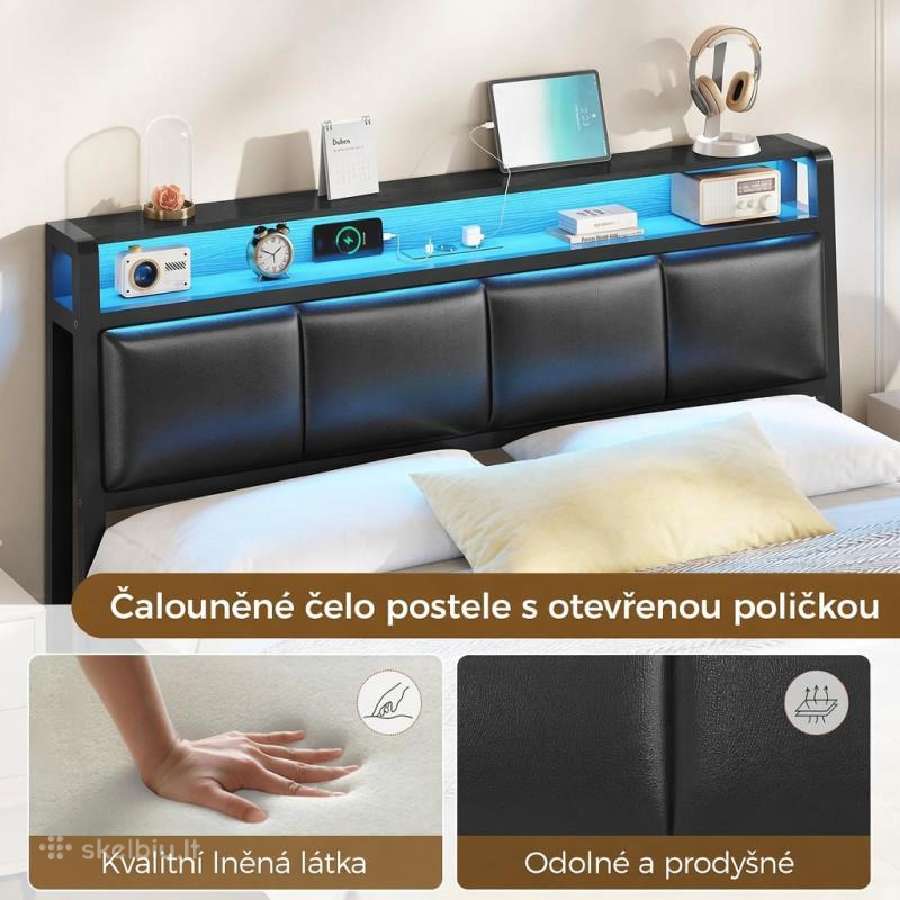 Dvigulė lova 140x190 su LED, Usb, lentynėle - nuotraukos Nr. 5