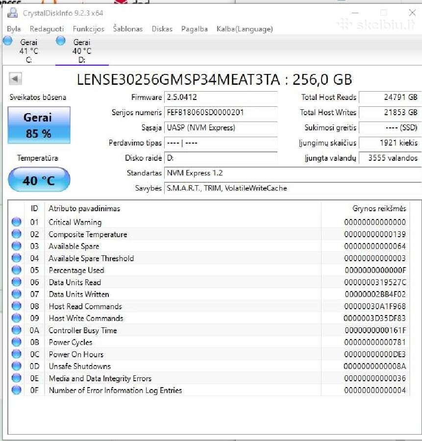 Naudotas 256gb Nvme SSD M.2 2280 - nuotraukos Nr. 3