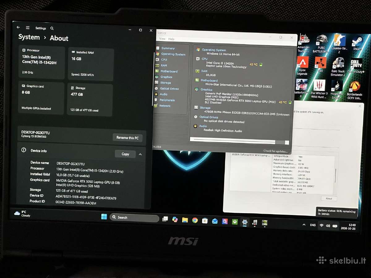 Parduodu Msi Cyborg 15 su I5, Rtx 5050 8gb, 144hz - nuotraukos Nr. 7