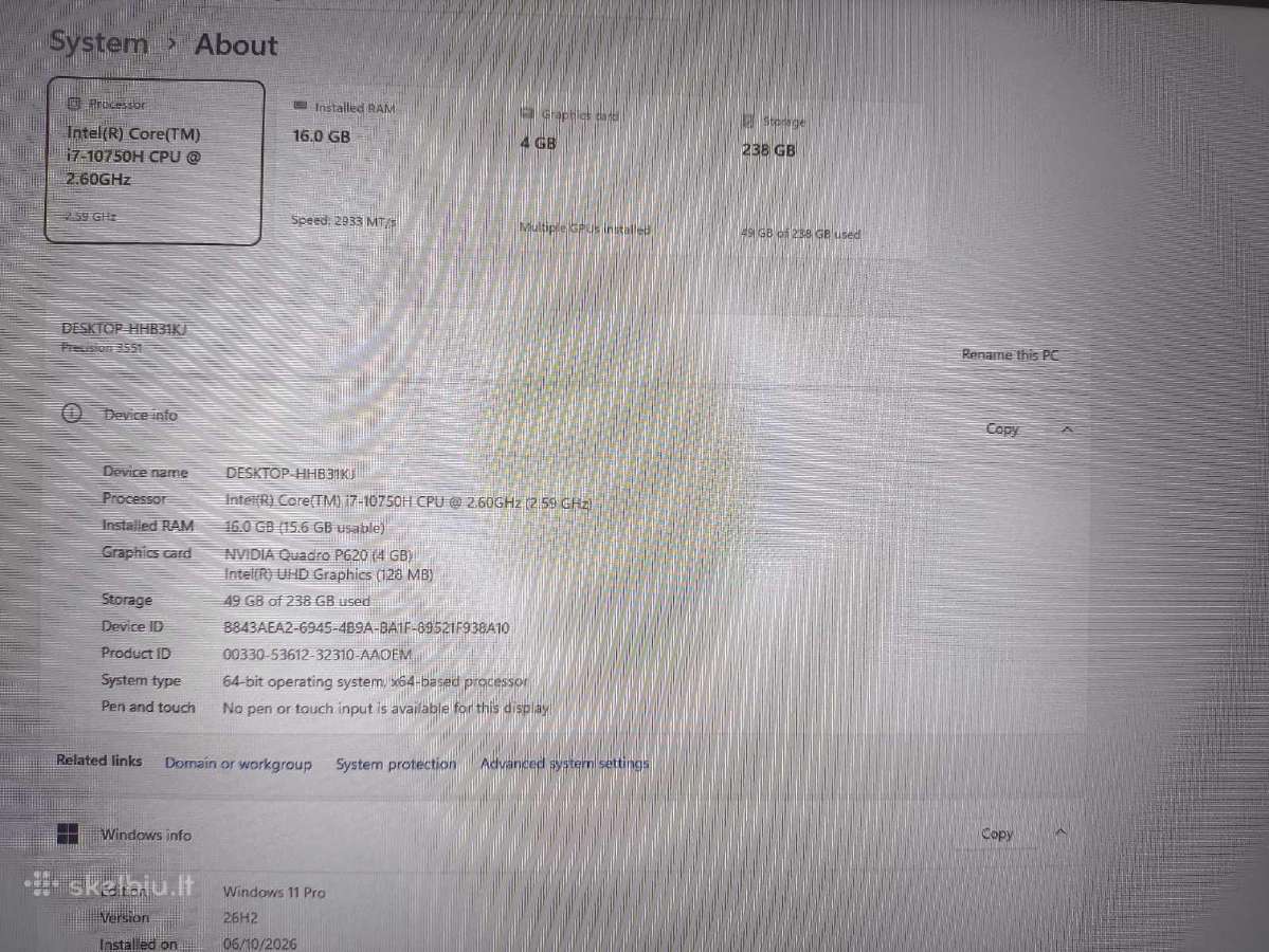 Precision 15.6 i7-10750h 16gb 256gb P620 4gb 1% - nuotraukos Nr. 4