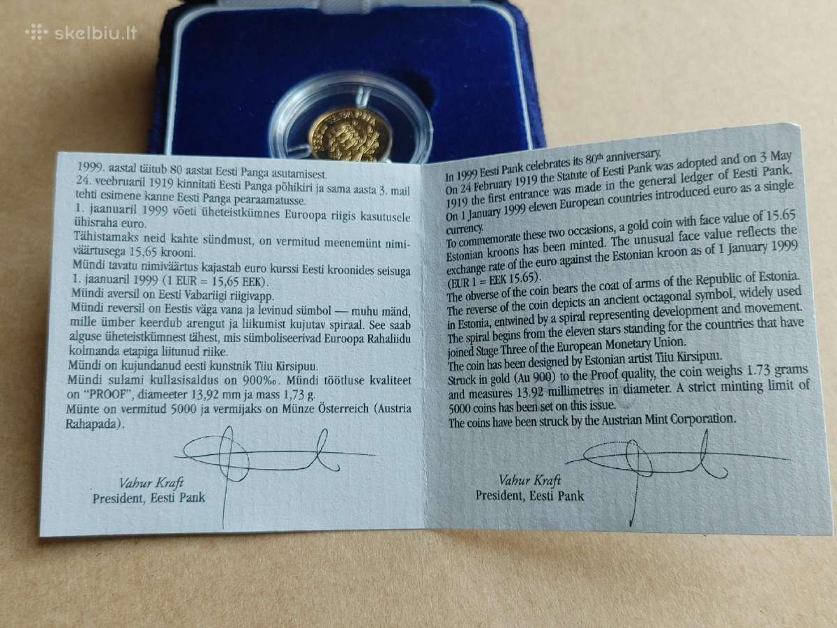 1999m Estija 15.65 kroon moneta - auksas - nuotraukos Nr. 3