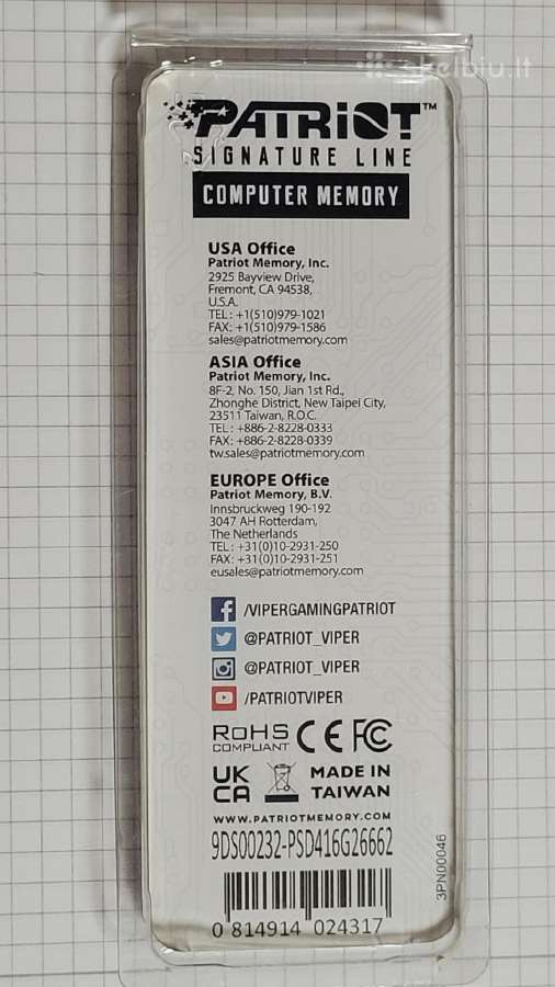 Patriot Signature Ddr4 16gb 2666mhz Cl19 Udimm - nuotraukos Nr. 2