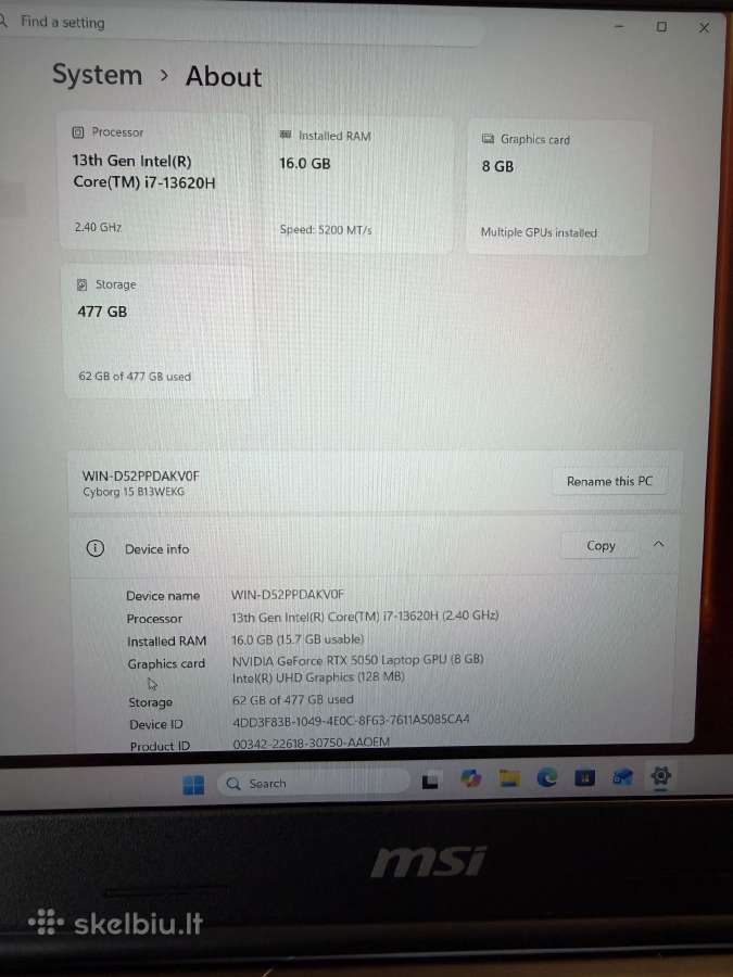 Msi Cyborg 15 i7(13)/16gb/512gb Rtx 5050 - nuotraukos Nr. 5