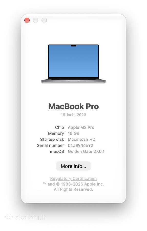 MacBook Pro 16" 2023, M2 Pro 16gb, 512gb su dežute - nuotraukos Nr. 2