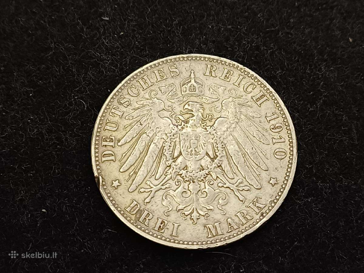 Sidabrine moneta 3 mark 1910 m. Friedrich August - nuotraukos Nr. 2