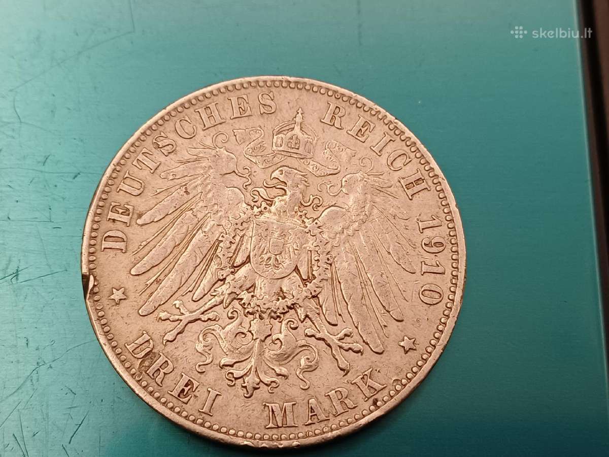 Sidabrine moneta 3 mark 1910 m. Friedrich August - nuotraukos Nr. 5