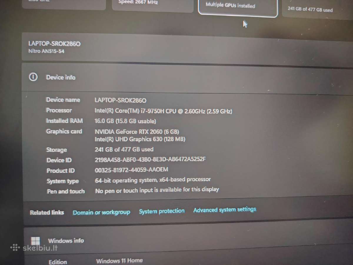 Acer nitro i7 9750h/rtx2060/ddr4 16gb/nvmi 512gb - nuotraukos Nr. 6