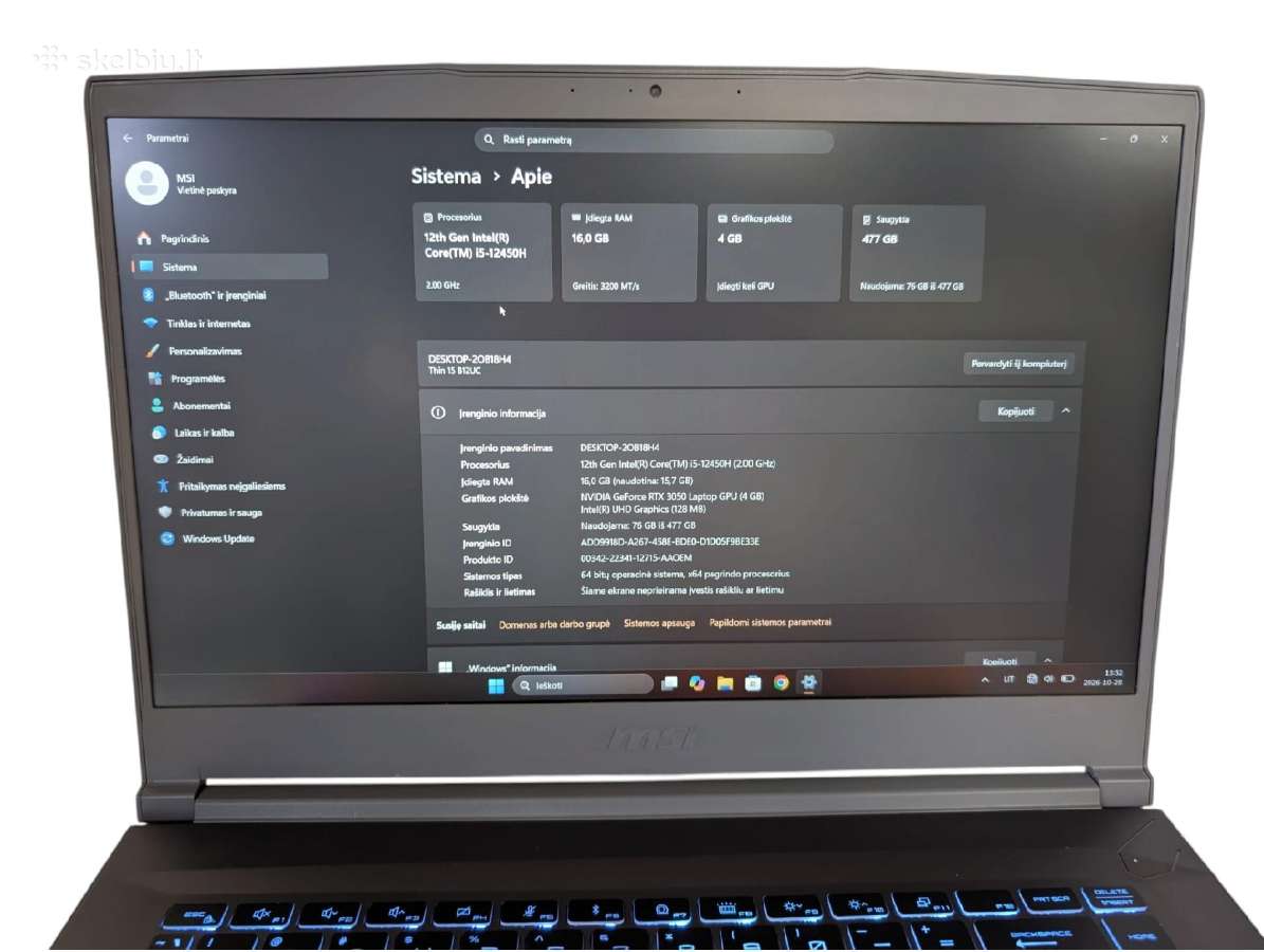 Msi Thin 15 – i5-12450h / 16gb / 512gb SSD/rtx3050 - nuotraukos Nr. 4
