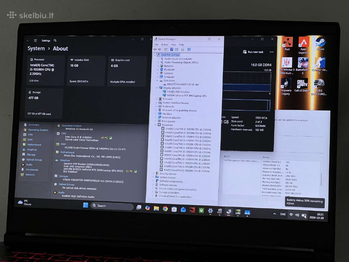 Parduodamas Msi Gf65 su Rtx 3060, I5-10k, 144hz. - nuotraukos Nr. 8