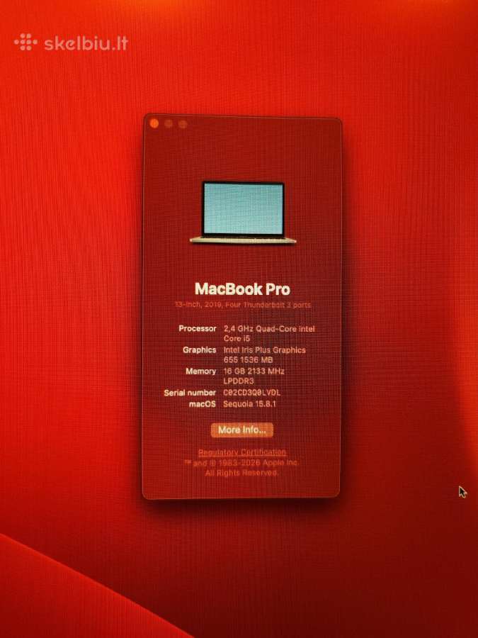 MacBook pro 13 2019 A1964 i5 / 16gb / 250gb - nuotraukos Nr. 3
