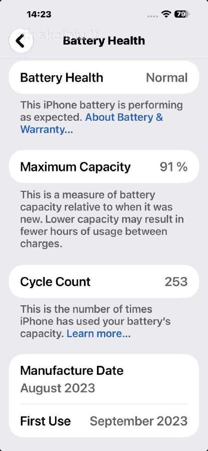 iPhone 15 Pro Max 512gb health 91% cycle count 253 - nuotraukos Nr. 4