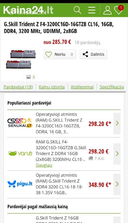 G.skill Trident Z Ddr4 16gb (2x8gb) 3200mhz Cl16 - nuotraukos Nr. 5