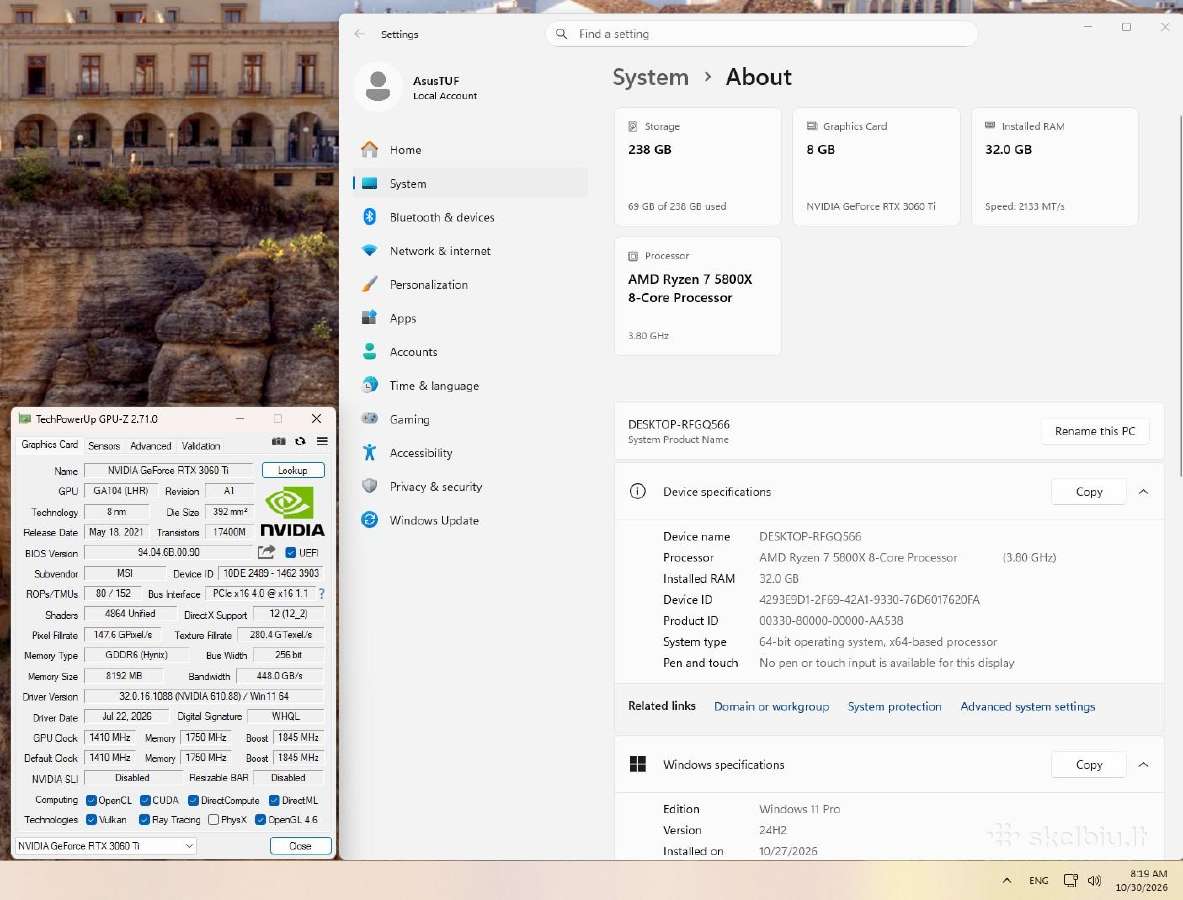 Galingas Pc: Ryzen 7 5800x/rtx3060ti/32gbram+gift - nuotraukos Nr. 11