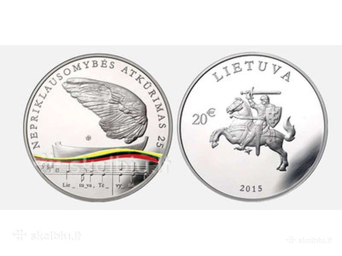 20 Eurų sidabrinė moneta Lietuvos nepriklausomybės