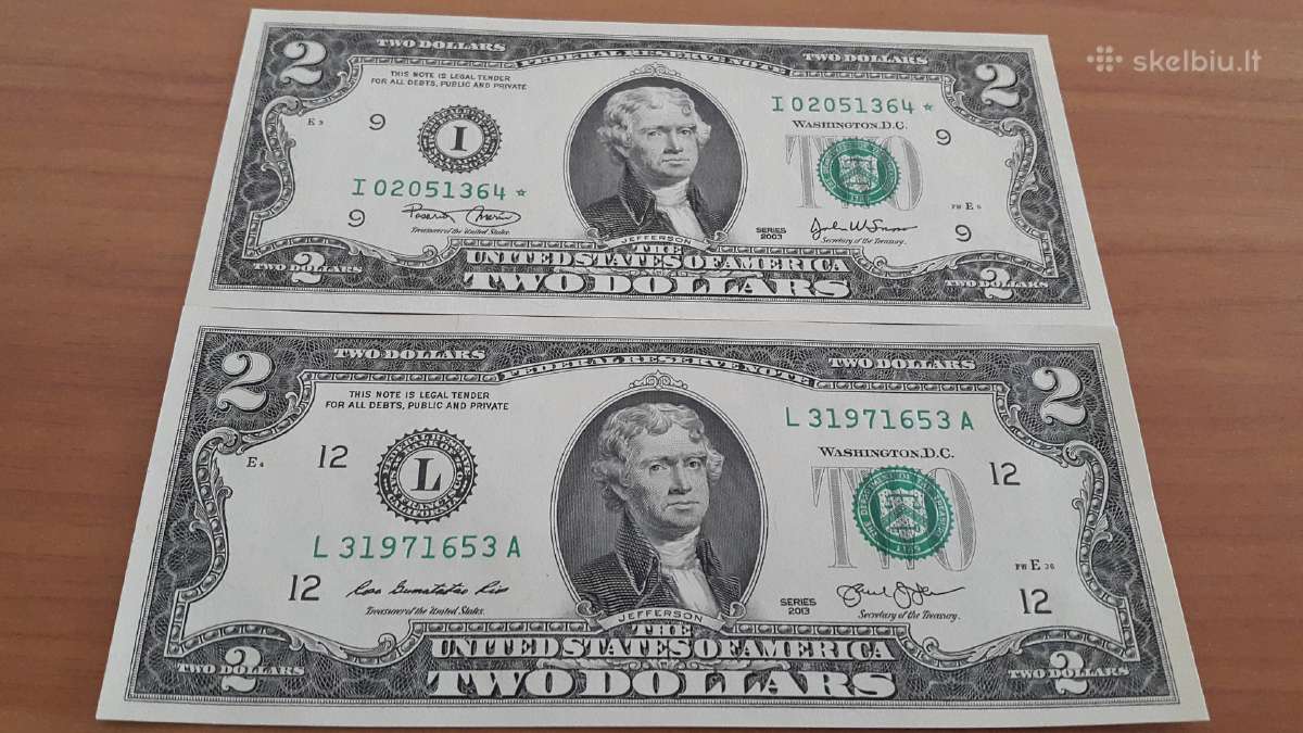 2 dolerių kupiūros Unc