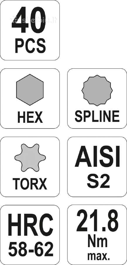 Antgalių rinkinys S2, torx, hex, spline 40 dalių - nuotraukos Nr. 6