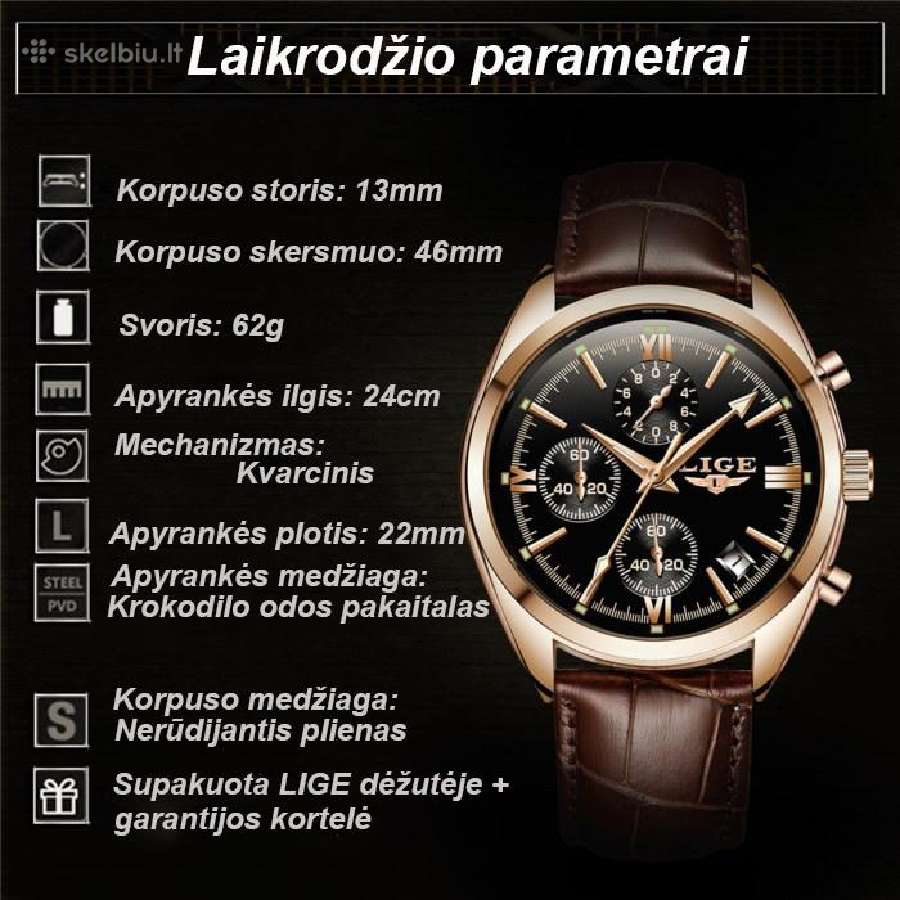 Laikrodis Lige, kvarcinis, atsparus, vyriškas - nuotraukos Nr. 4