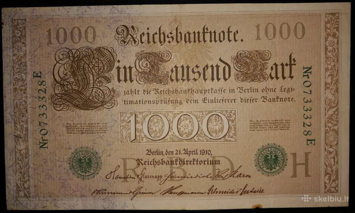 1000 Vokietijos markių. 1910m. žali spaudai.