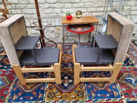 Vintažiniai mid century ąžuoliniai pufai-kopetėlės
