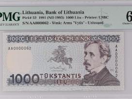 Lietuva 1000 Litų 1991 P52 s/n Aa0000062 Pmg 64