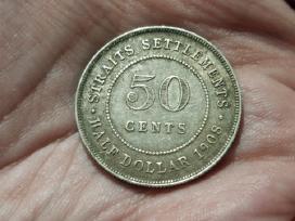 Sąsiaurio gyvenvietės 50 centų 1908 sidabras