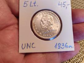5 Litai 1936 m. Unc - Originalas. Sidabras.
