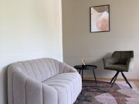 Dvivietė sofa, spinta, lentyna, kėdės, paveikslai